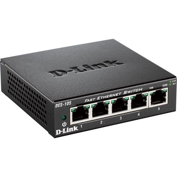 D-Link Gigabit Ethernet kytkin (DES-105) 5x10/100Mbps metallia