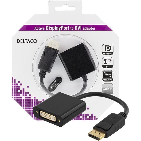 DELTACO DisplayPort - DVI-D Single Link sovitin 4K ur-na musta