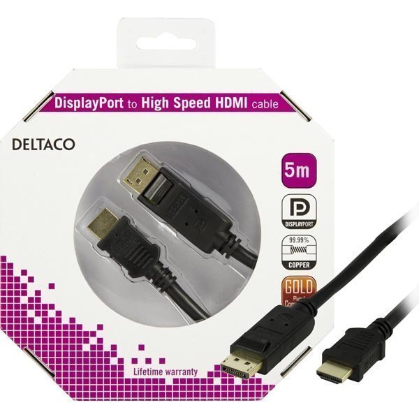 DELTACO DisplayPort - HDMI monitorikaapeli 20-pin ur - ur 5m musta