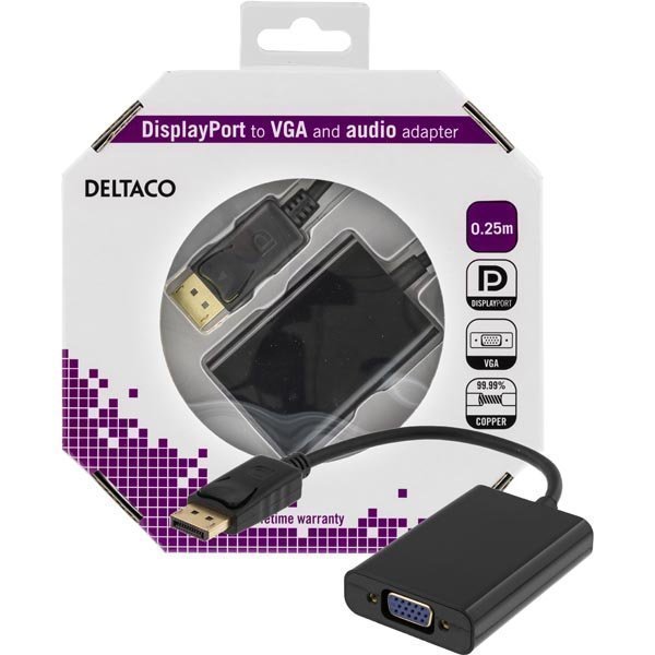 DELTACO DisplayPort - VGA-sovitin jossa ääni 0 25m musta