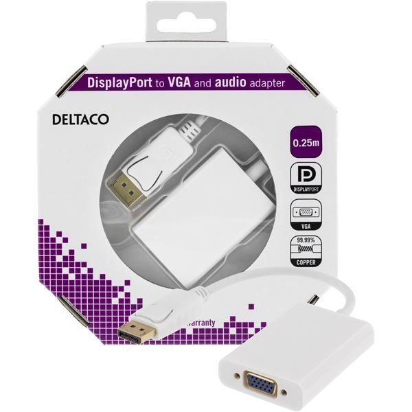 DELTACO DisplayPort - VGA-sovitin jossa ääni 0 25m valk