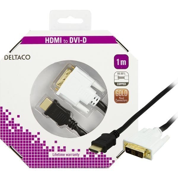 DELTACO HDMI ur - DVI-D Single Link ur musta/valkoinen 1m