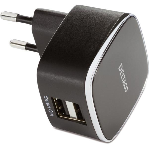 DELTACO Seinälaturi 230V - 5V USB 3 1A 2xUSB-porttia musta