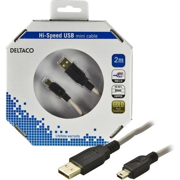 DELTACO USB 2.0 kaapeli Tyyppi A U - Tyyppi Mini B U 2m beige/musta