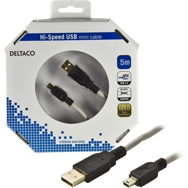 DELTACO USB 2.0 kaapeli Tyyppi A U - Tyyppi Mini B U 5m beige/harmaa
