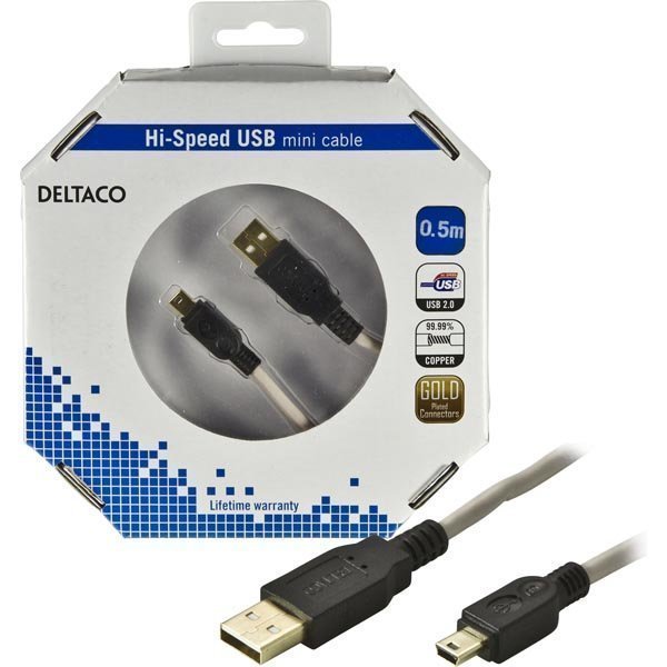 DELTACO USB 2.0 kaapeli Tyyppi A Uros - Mini B Uros 0 5m musta/beige