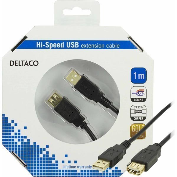 DELTACO USB 2.0 kaapeli Tyyppi A Uros - Tyyppi A Naaras 1m musta