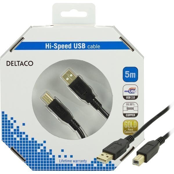 DELTACO USB 2.0 kaapeli Tyyppi A Uros - Tyyppi B Uros 5m musta