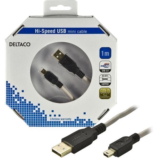 DELTACO USB 2.0 kaapeli Tyyppi A Uros-Tyyppi Mini B Uros 1m bege/must