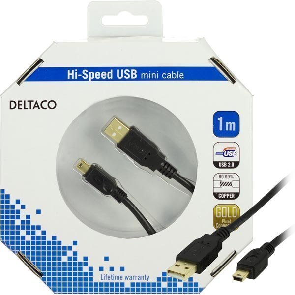 DELTACO USB 2.0 kaapeli Tyyppi A Uros - Tyyppi Mini B Uros 1m musta