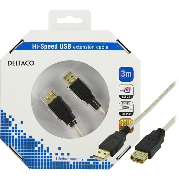 DELTACO USB 2.0 kaapeli Tyyppi A u - Tyyppi A n 3m beige/musta