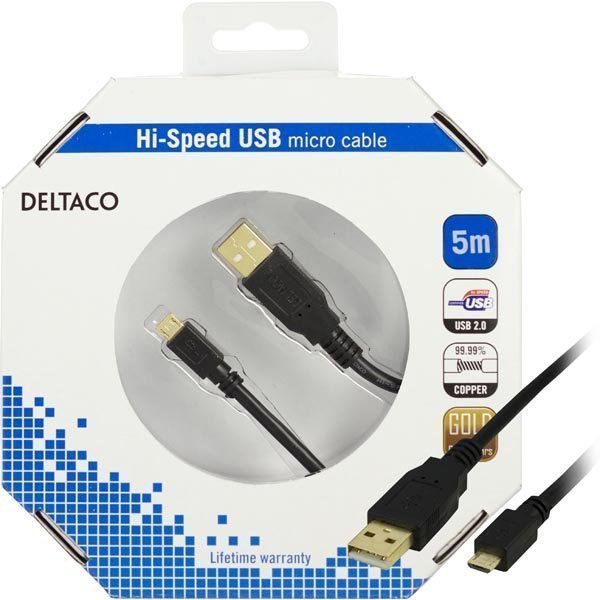 DELTACO USB 2.0 kaapeli Tyyppi A ur - Micro B tyyppi ur 5m musta