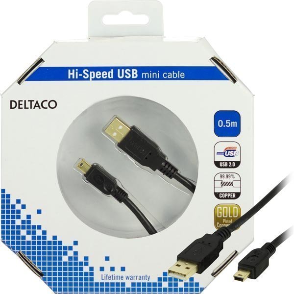 DELTACO USB 2.0 kaapeli Tyyppi A ur - Mini B-tyyppi ur 0 5m musta