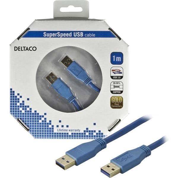 DELTACO USB 3.0 kaapeli Tyyppi A uros - Tyyppi A uros 1m sininen