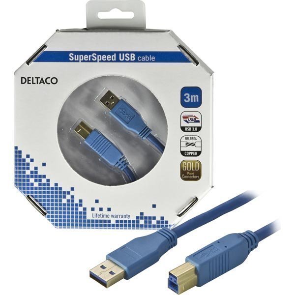 DELTACO USB 3.0 kaapeli Tyyppi A uros - Tyyppi B uros 3m sininen