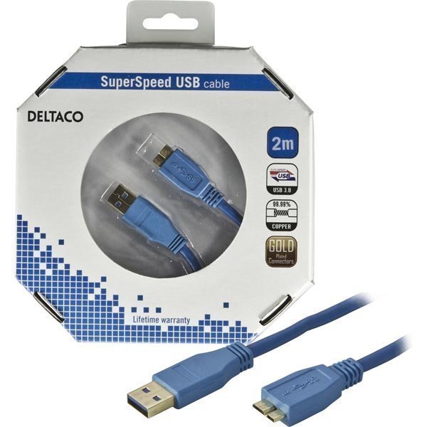 DELTACO USB 3.0 kaapeli Tyyppi A uros - Tyyppi MicroB uros 2m sininen