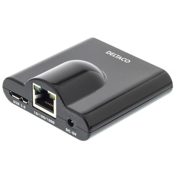 DELTACO USB 3.0hubi jossa verkko 2xUSB 3.0 1xGigabit portti musta