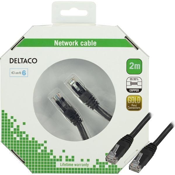 DELTACO UTP Cat.6 aitekaapeli RJ45 uros - uros 2m musta