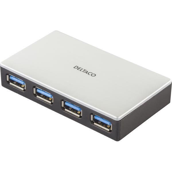 DELTACO kompakti USB 3.0 hubi 4 portti ulostulo virtasovit. hop/mu