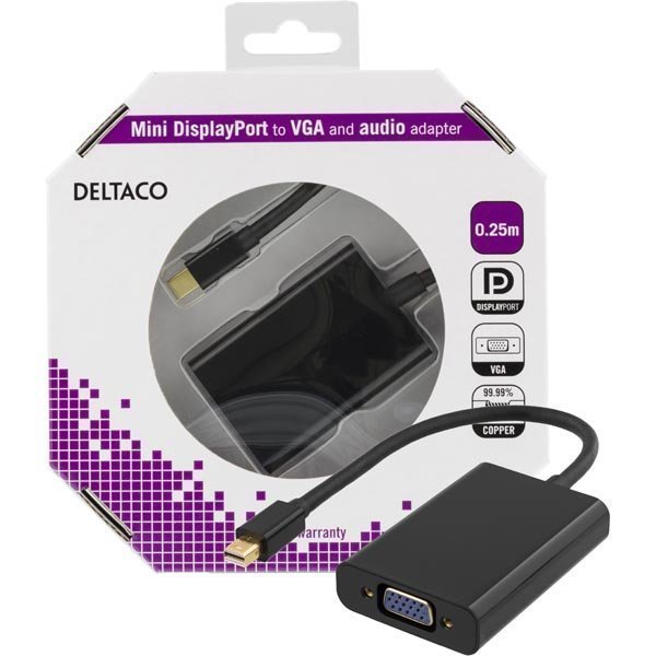 DELTACO mini DisplayPort - VGA-sovitin jossa ääni 0 25m musta