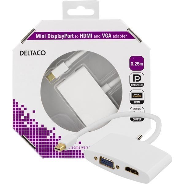 DELTACO mini DisplayPort till HDMI och VGA-adapter 0 25m vit