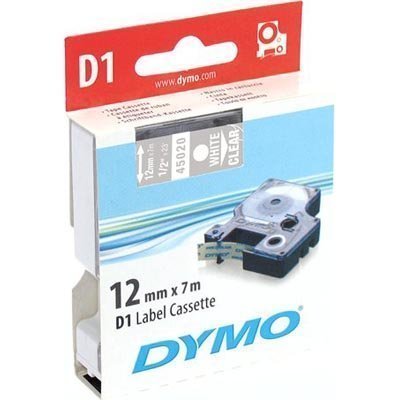 DYMO D1 merkkausteippi standardi 12mm läpinäkyvä/valk teksti 7m