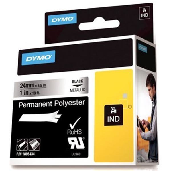 DYMO Rhino Prof polyesteritar 24mm must. teksti metall. teippi 5 5m