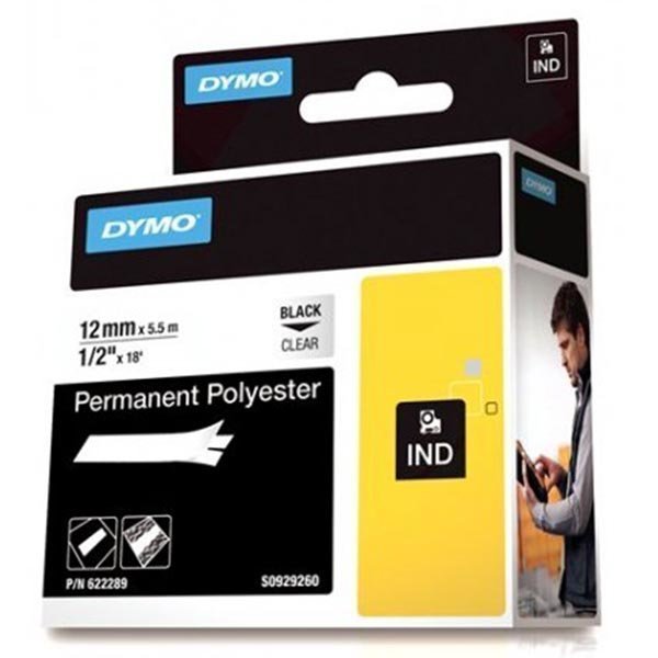 DYMO Rhino Prof polyesteriteippi 12mm musta teksti läpinäk.teippi 5
