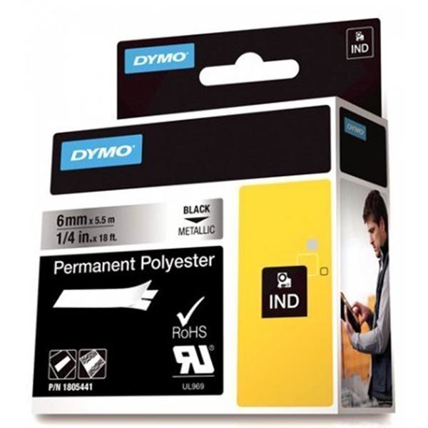 DYMO Rhino polyesteriteippi 6mm musta teksti metallisella pohj 5 5m