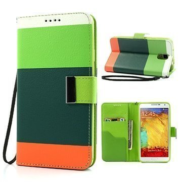 Samsung Galaxy Note 3 N9000 N9005 Monivärinen Lompakkomallinen Nahkakotelo Vihreä / Tumman Vihreä / Oranssi