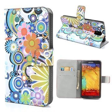 Samsung Galaxy Note 3 N9000 N9005 Wallet Nahkakotelo Värikkäät kukat Valkoinen