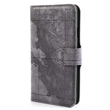 Samsung Galaxy Note 3 N9000 N9005 World Map Wallet Nahkakotelo Harmaa