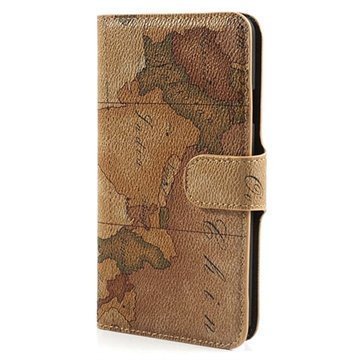 Samsung Galaxy Note 3 N9000 N9005 World Map Wallet Nahkakotelo Ruskea