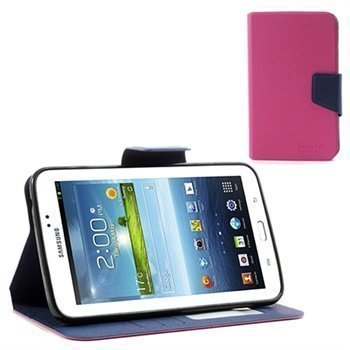 Samsung Galaxy Tab 3 7.0 P3200 P3210 Wallet Nahkakotelo Tummansininen / Kuuma Pinkki